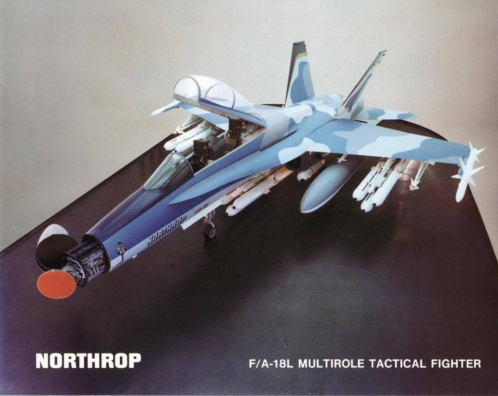 Sem protótipo formal do F-18L, a Northrop apresentava um mock-up em tamanho real de uma versão biplace do Hornet terrestre (Northrop)